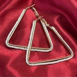 White Beaded Triangle Hoop Earrings | Bold Geometric Statement Jewelry | NWT